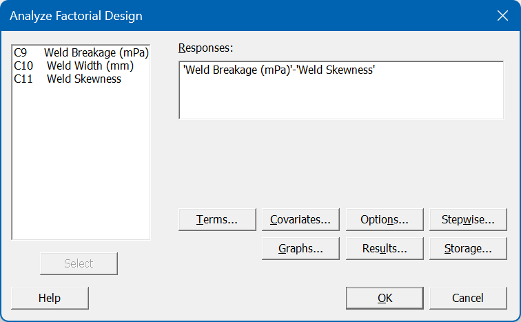 Minitab Analysis 3 Analyze Factorial Design Dialog