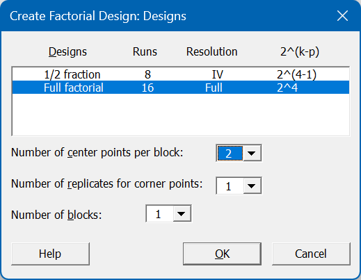 Minitab 3 Designs Dialog